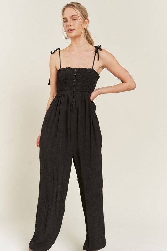 Smocked Tie Strap Jumpsuit Plus us.meeeshop - 