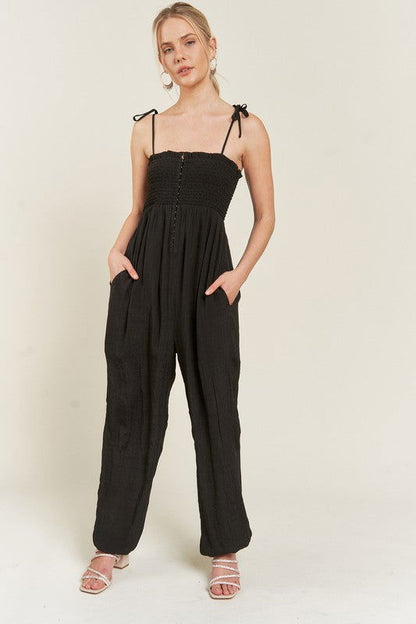 Smocked Tie Strap Jumpsuit Plus us.meeeshop - 