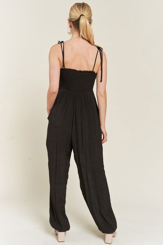 Smocked Tie Strap Jumpsuit Plus us.meeeshop - 