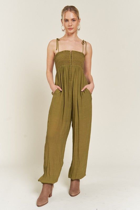 Smocked Tie Strap Jumpsuit us.meeeshop - 