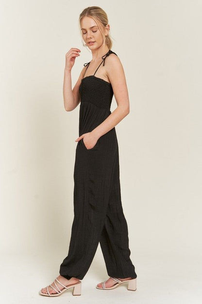 Smocked Tie Strap Jumpsuit us.meeeshop - 