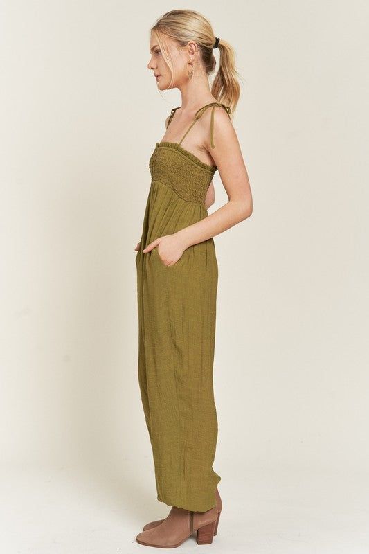 Smocked Tie Strap Jumpsuit us.meeeshop - 