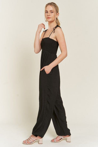 Smocked Tie Strap Jumpsuit us.meeeshop - 