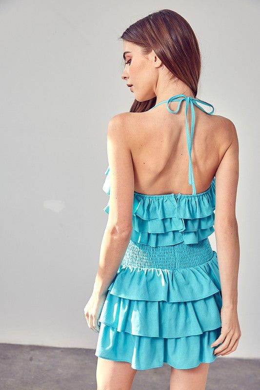 Smocked Waist Ruffle Romper in Aqua Blue us.meeeshop - 