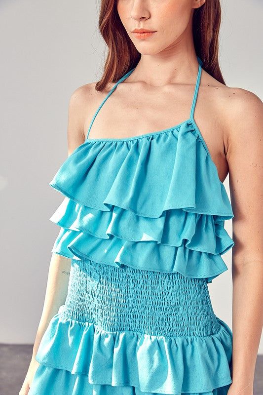 Smocked Waist Ruffle Romper in Aqua Blue us.meeeshop - 