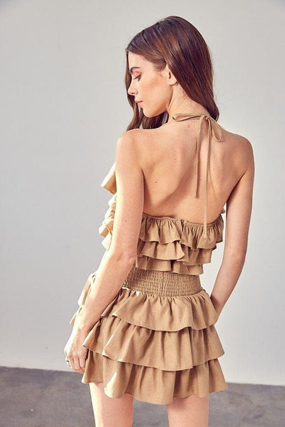 Smocked Waist Ruffle Romper in Taupe us.meeeshop - 