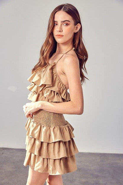 Smocked Waist Ruffle Romper in Taupe us.meeeshop - 