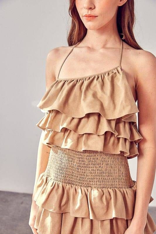 Smocked Waist Ruffle Romper in Taupe us.meeeshop - 