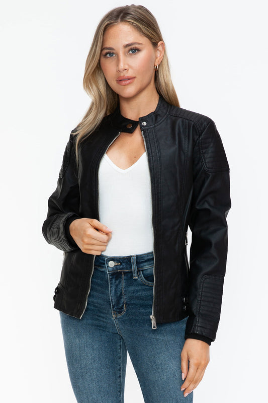 Snobbish Faux Leather Biker Jacket with Side Zip Pockets In Black us.meeeshop - Coats & Jackets