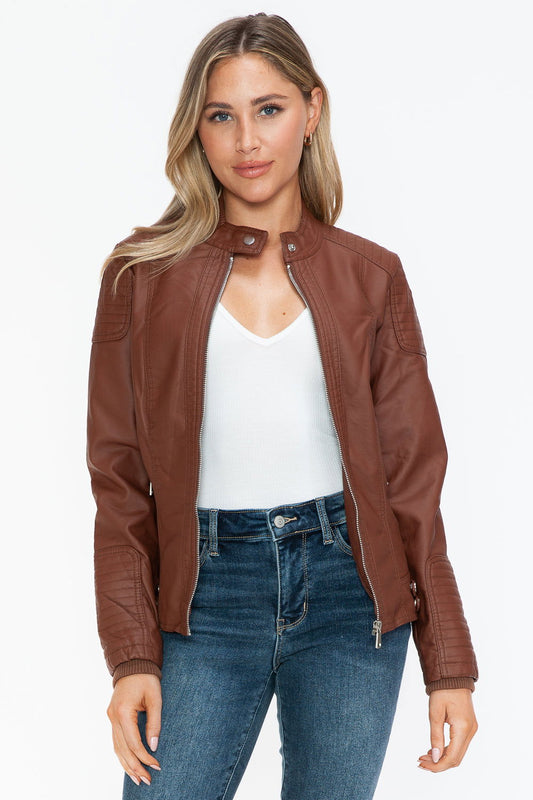 Snobbish Faux Leather Biker Jacket with Side Zip Pockets In Brandy us.meeeshop - Coats & Jackets