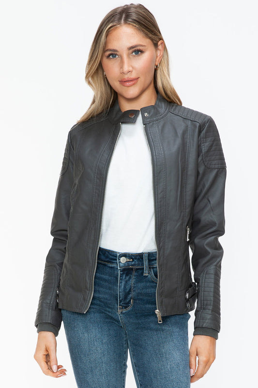 Snobbish Faux Leather Biker Jacket with Side Zip Pockets In Charcoal us.meeeshop - Coats & Jackets