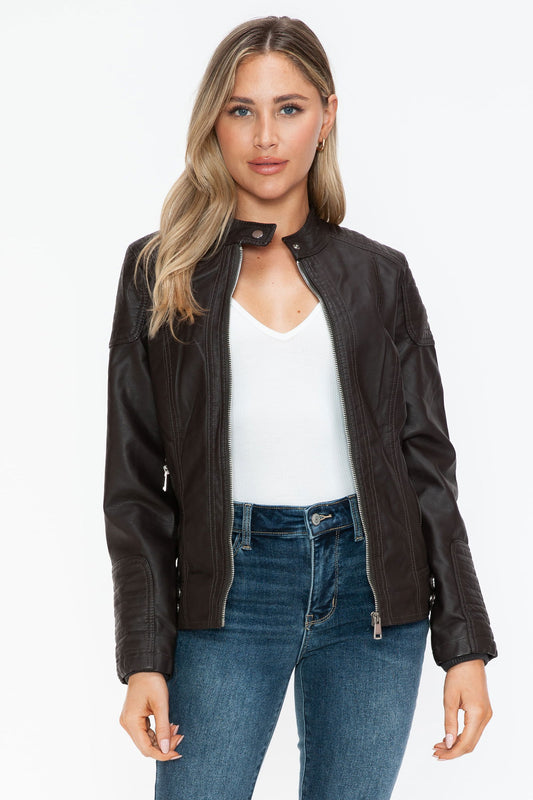 Snobbish Faux Leather Biker Jacket with Side Zip Pockets us.meeeshop - Coats & Jackets