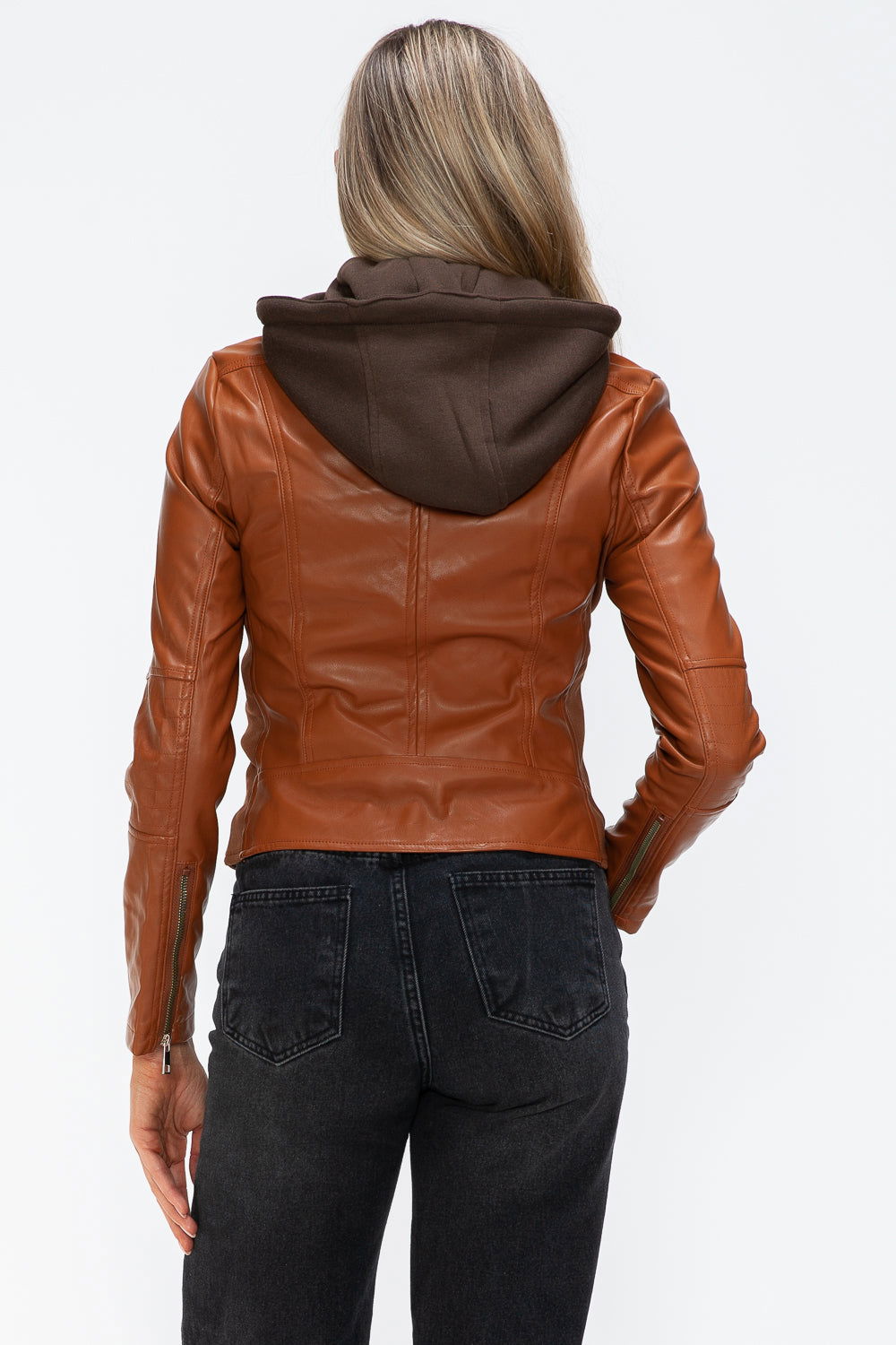 Snobbish Faux Leather Zip Up Drawstring Hooded Jacket In Camel us.meeeshop - 