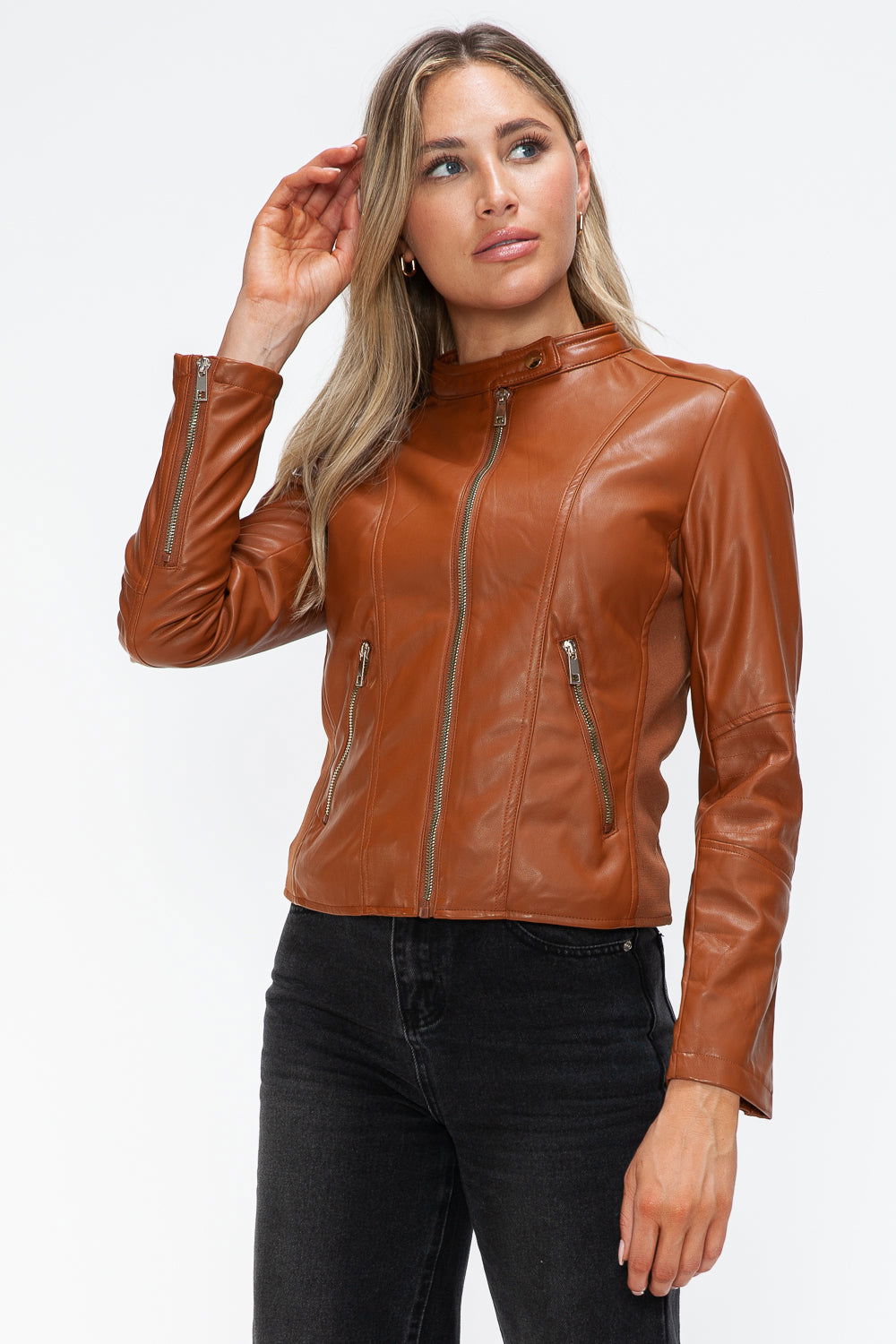 Snobbish Faux Leather Zip Up Drawstring Hooded Jacket In Camel us.meeeshop - 