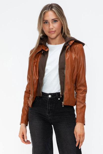 Snobbish Faux Leather Zip Up Drawstring Hooded Jacket In Camel us.meeeshop - 