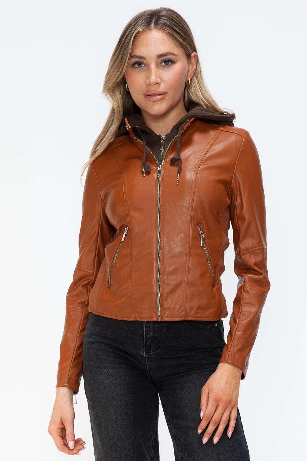 Snobbish Faux Leather Zip Up Drawstring Hooded Jacket In Camel us.meeeshop - 