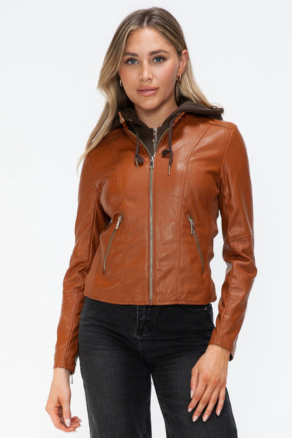 Snobbish Faux Leather Zip Up Drawstring Hooded Jacket In Camel us.meeeshop - 