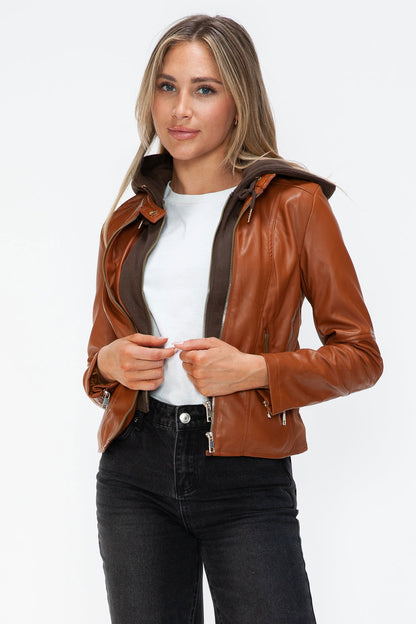 Snobbish Faux Leather Zip Up Drawstring Hooded Jacket In Camel us.meeeshop - 