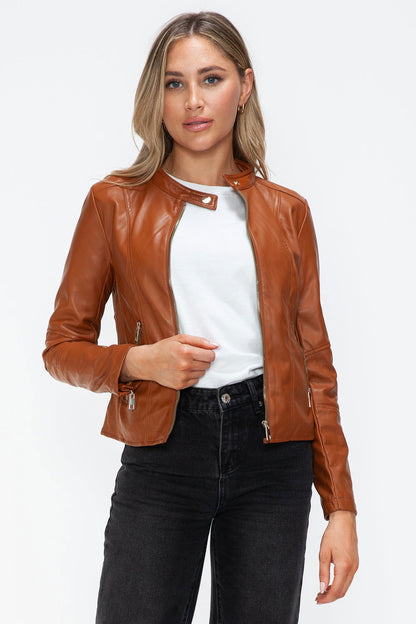 Snobbish Faux Leather Zip Up Drawstring Hooded Jacket In Camel us.meeeshop - 