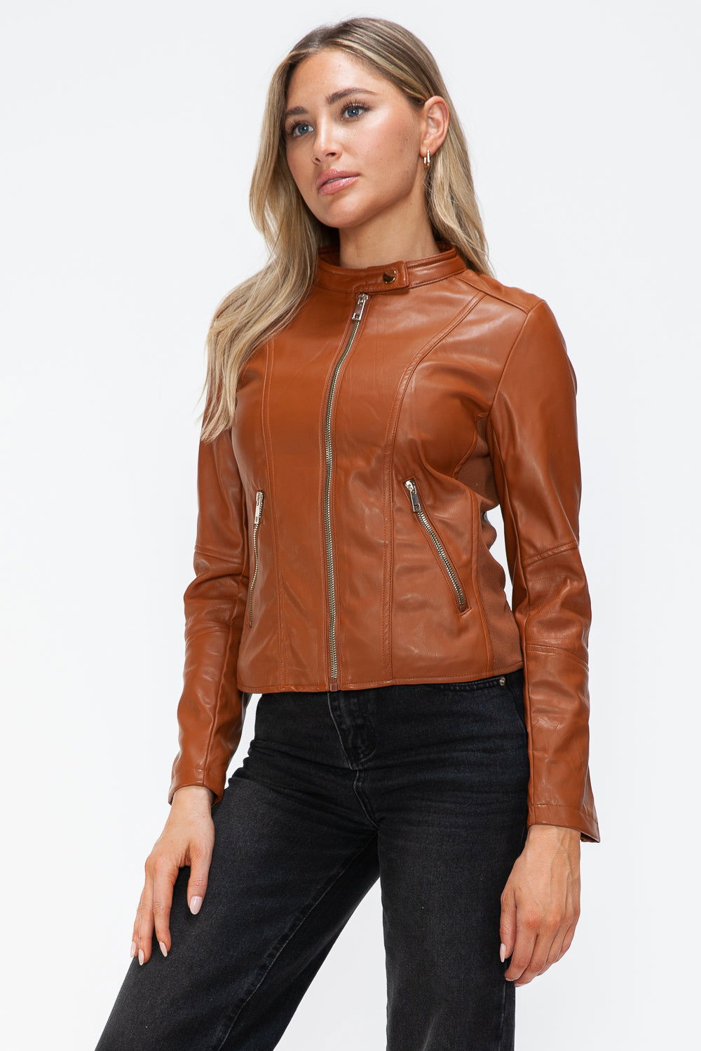 Snobbish Faux Leather Zip Up Drawstring Hooded Jacket In Camel us.meeeshop - 