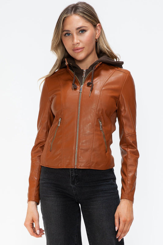 Snobbish Faux Leather Zip Up Drawstring Hooded Jacket In Camel us.meeeshop - Coats & Jackets