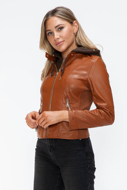 Snobbish Faux Leather Zip Up Drawstring Hooded Jacket In Camel us.meeeshop - 