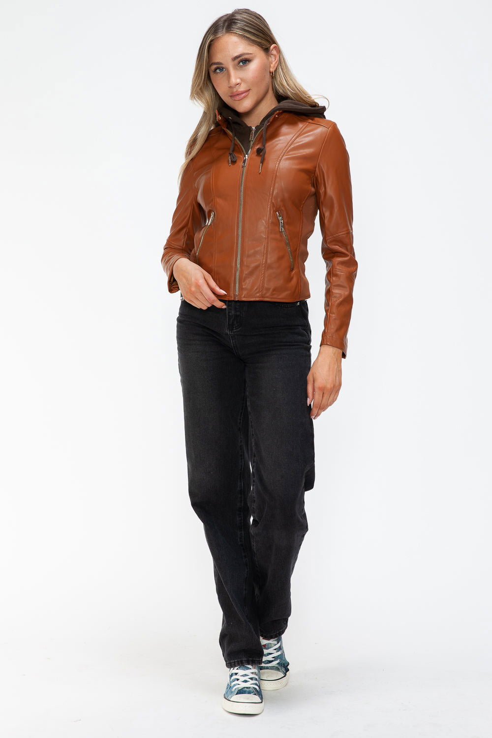 Snobbish Faux Leather Zip Up Drawstring Hooded Jacket In Camel us.meeeshop - 