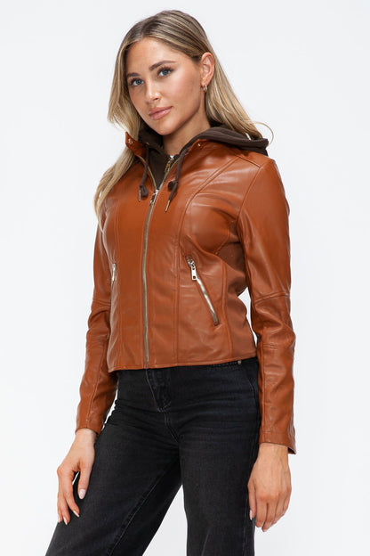 Snobbish Faux Leather Zip Up Drawstring Hooded Jacket In Camel us.meeeshop - 