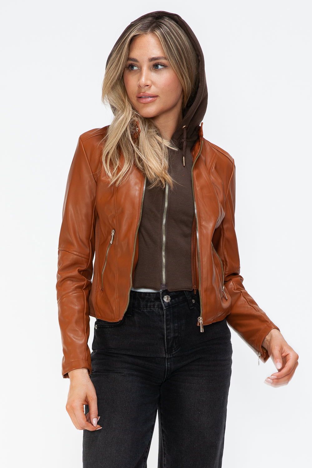 Snobbish Faux Leather Zip Up Drawstring Hooded Jacket In Camel us.meeeshop - 