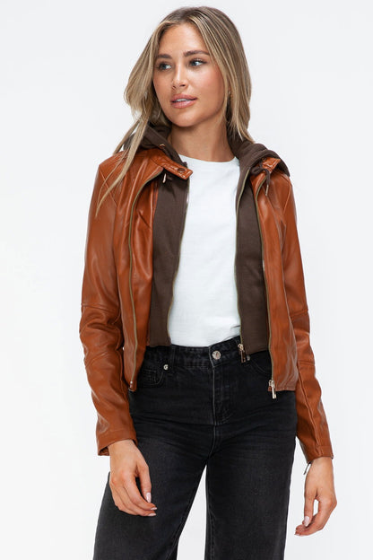 Snobbish Faux Leather Zip Up Drawstring Hooded Jacket In Camel us.meeeshop - 