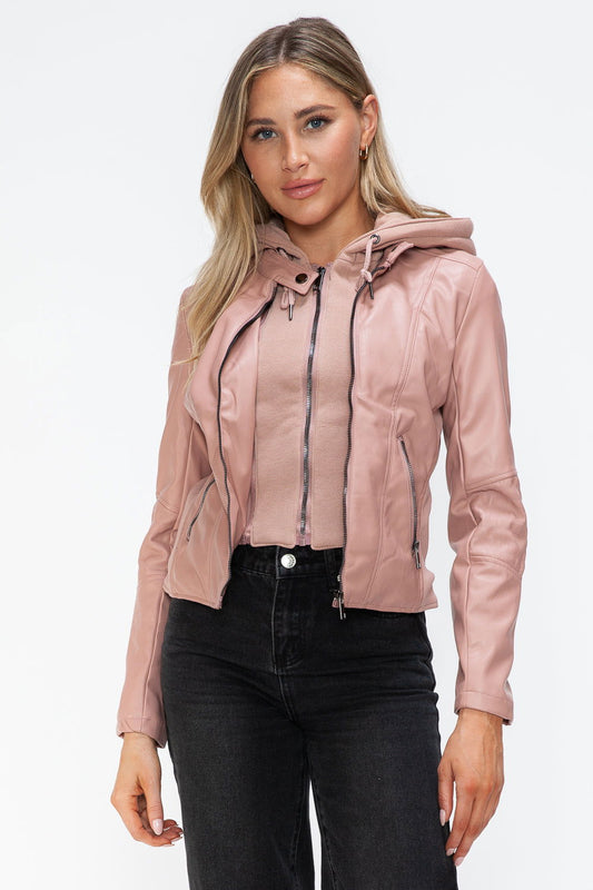 Snobbish Faux Leather Zip Up Drawstring Hooded Jacket In Mauve us.meeeshop - Coats & Jackets