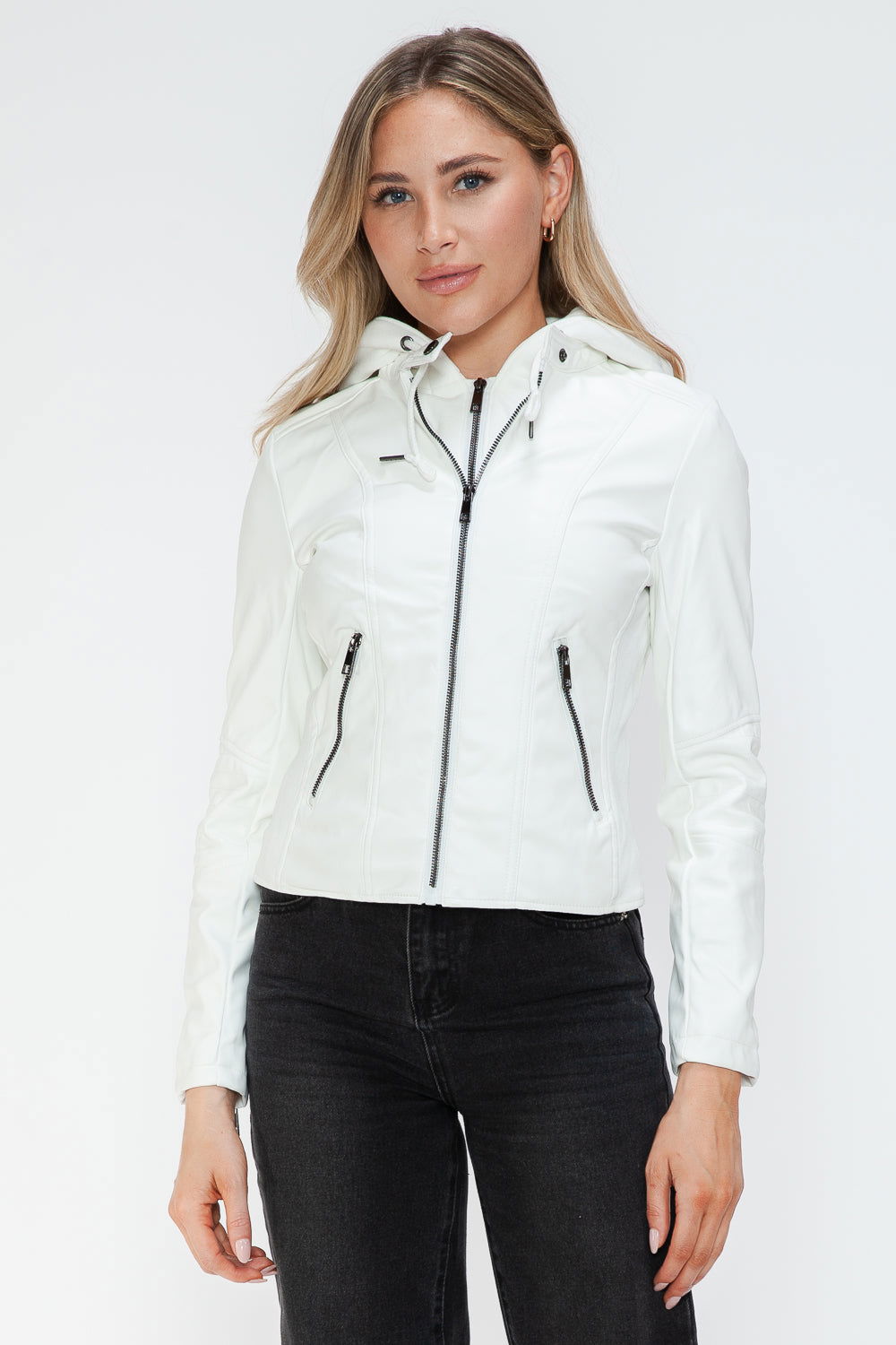 Snobbish Faux Leather Zip Up Drawstring Hooded Jacket In White us.meeeshop - Coats & Jackets