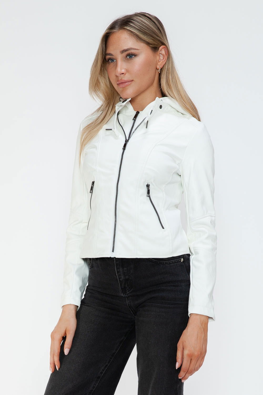 Snobbish Faux Leather Zip Up Drawstring Hooded Jacket In White us.meeeshop - 