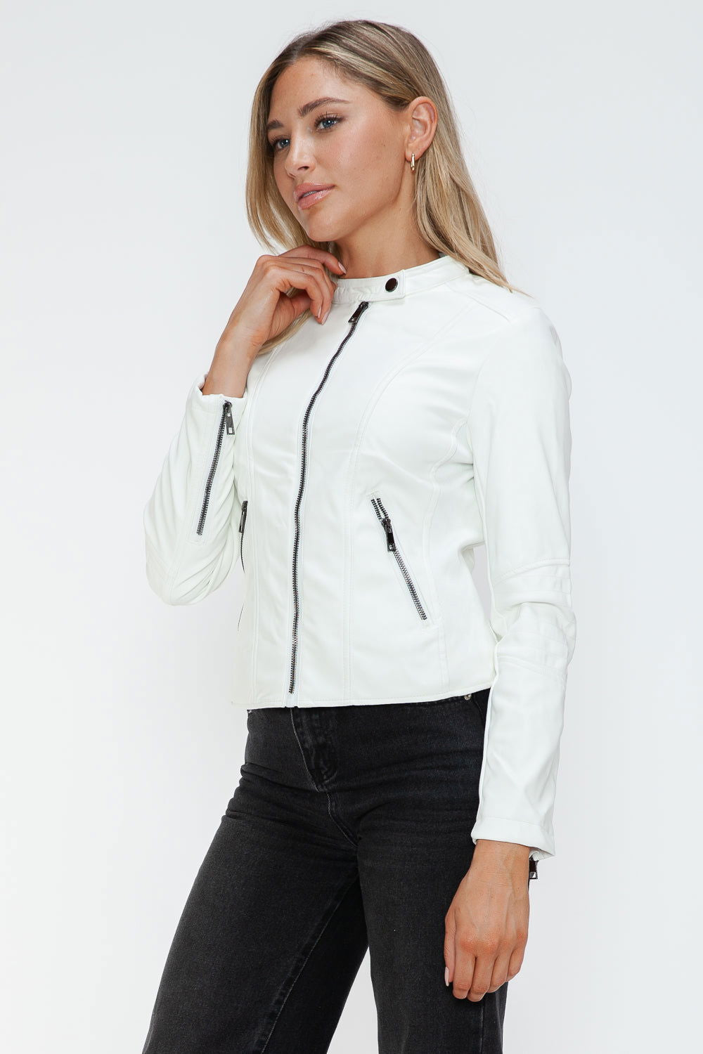 Snobbish Faux Leather Zip Up Drawstring Hooded Jacket In White us.meeeshop - 