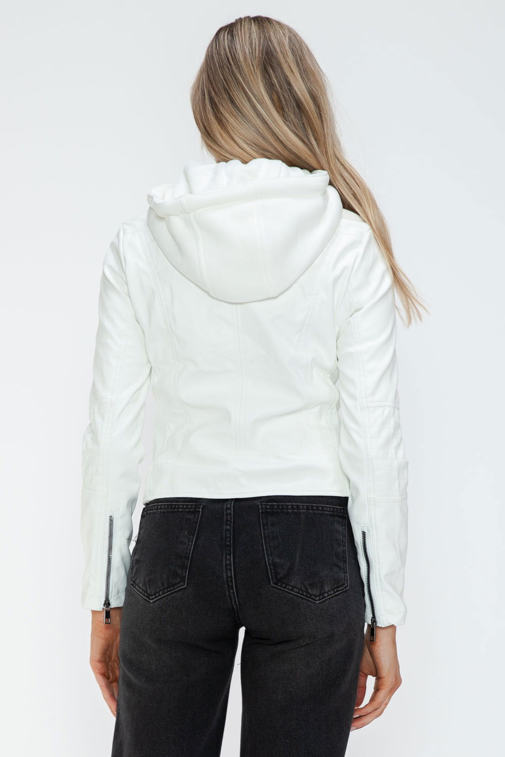 Snobbish Faux Leather Zip Up Drawstring Hooded Jacket In White us.meeeshop - 