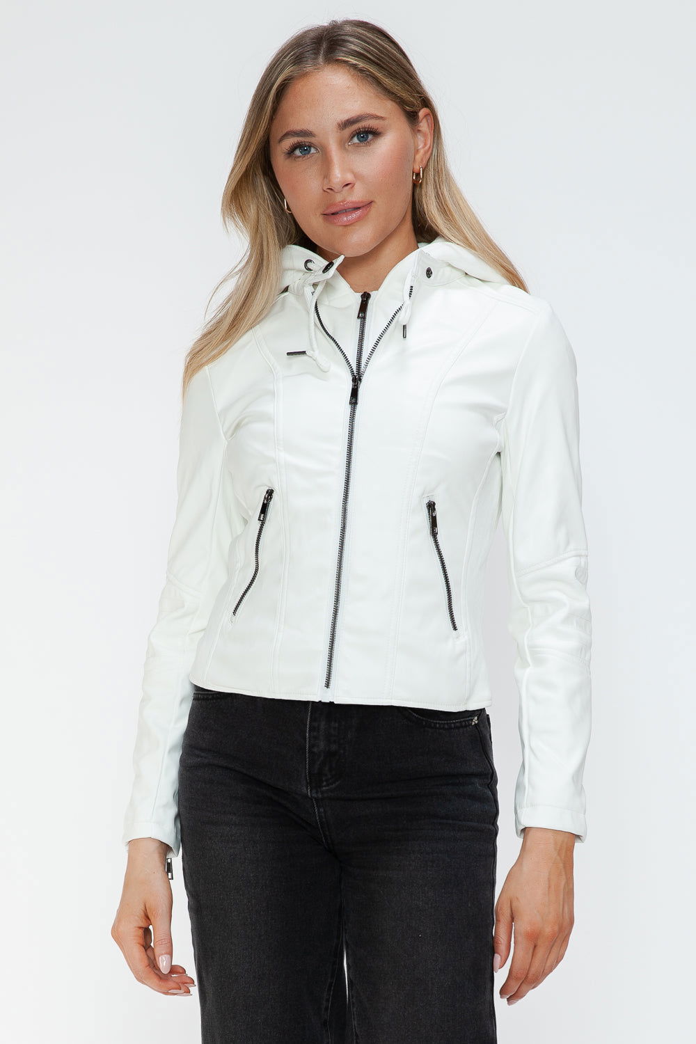 Snobbish Faux Leather Zip Up Drawstring Hooded Jacket In White us.meeeshop - 