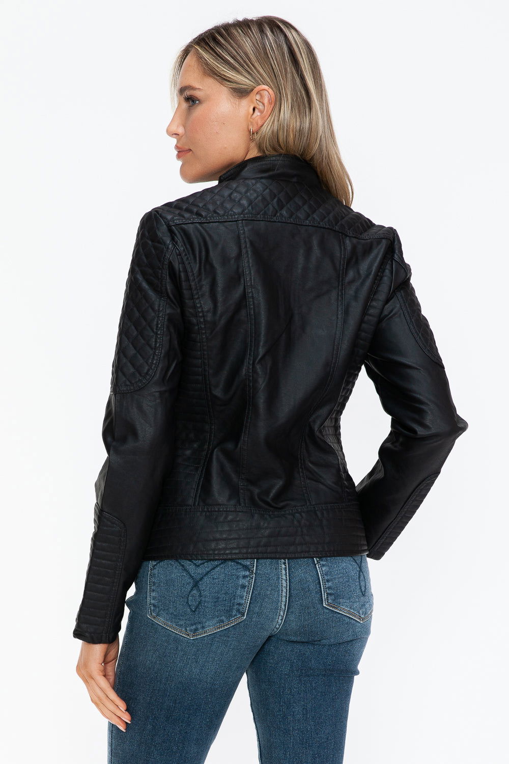 Snobbish Faux Leather Zip Up Mock Neck Jacket In Black us.meeeshop - 