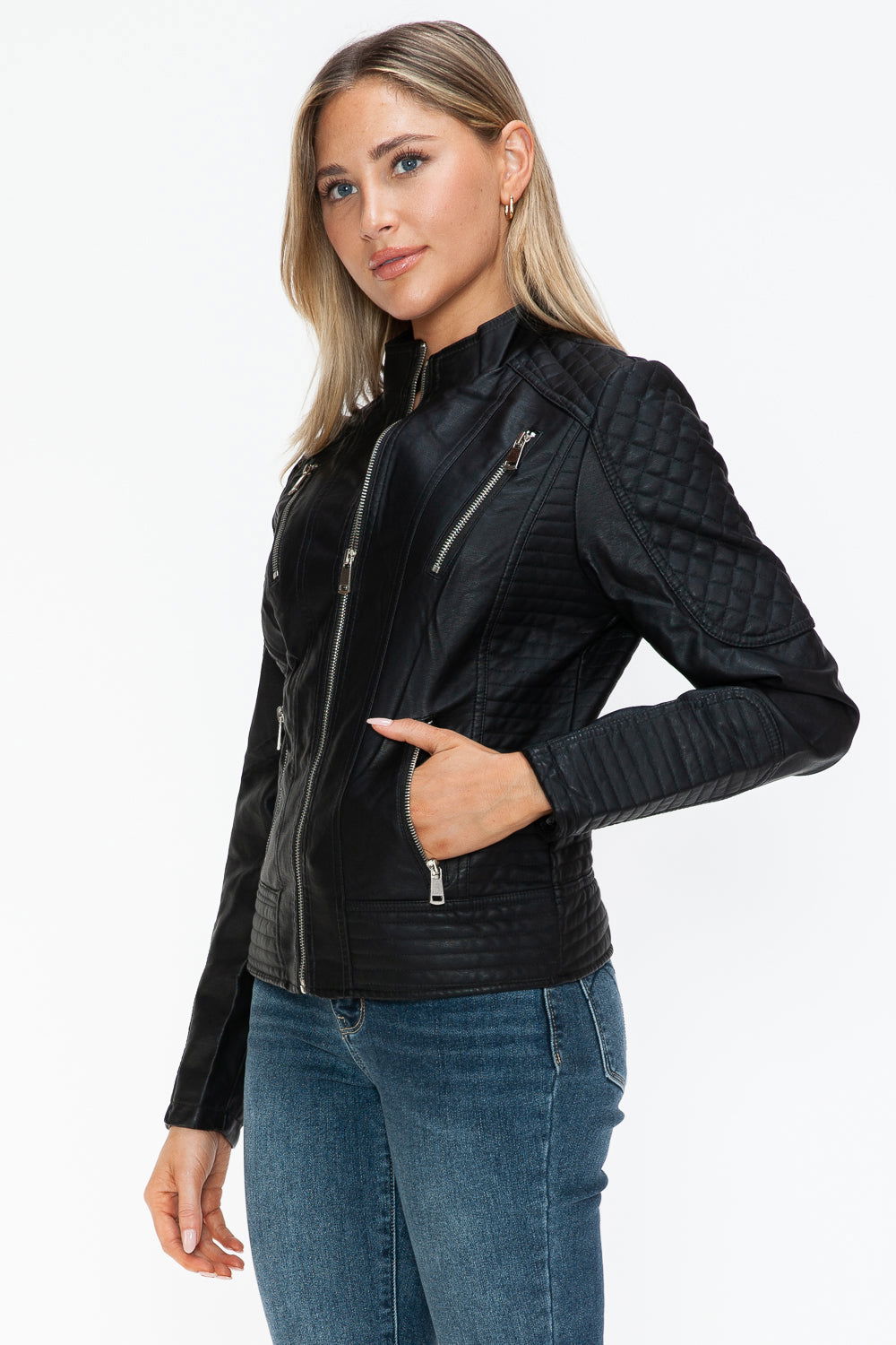 Snobbish Faux Leather Zip Up Mock Neck Jacket In Black us.meeeshop - 