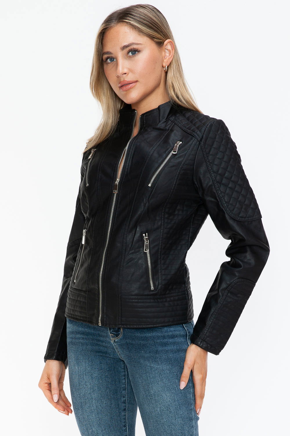 Snobbish Faux Leather Zip Up Mock Neck Jacket In Black us.meeeshop - 