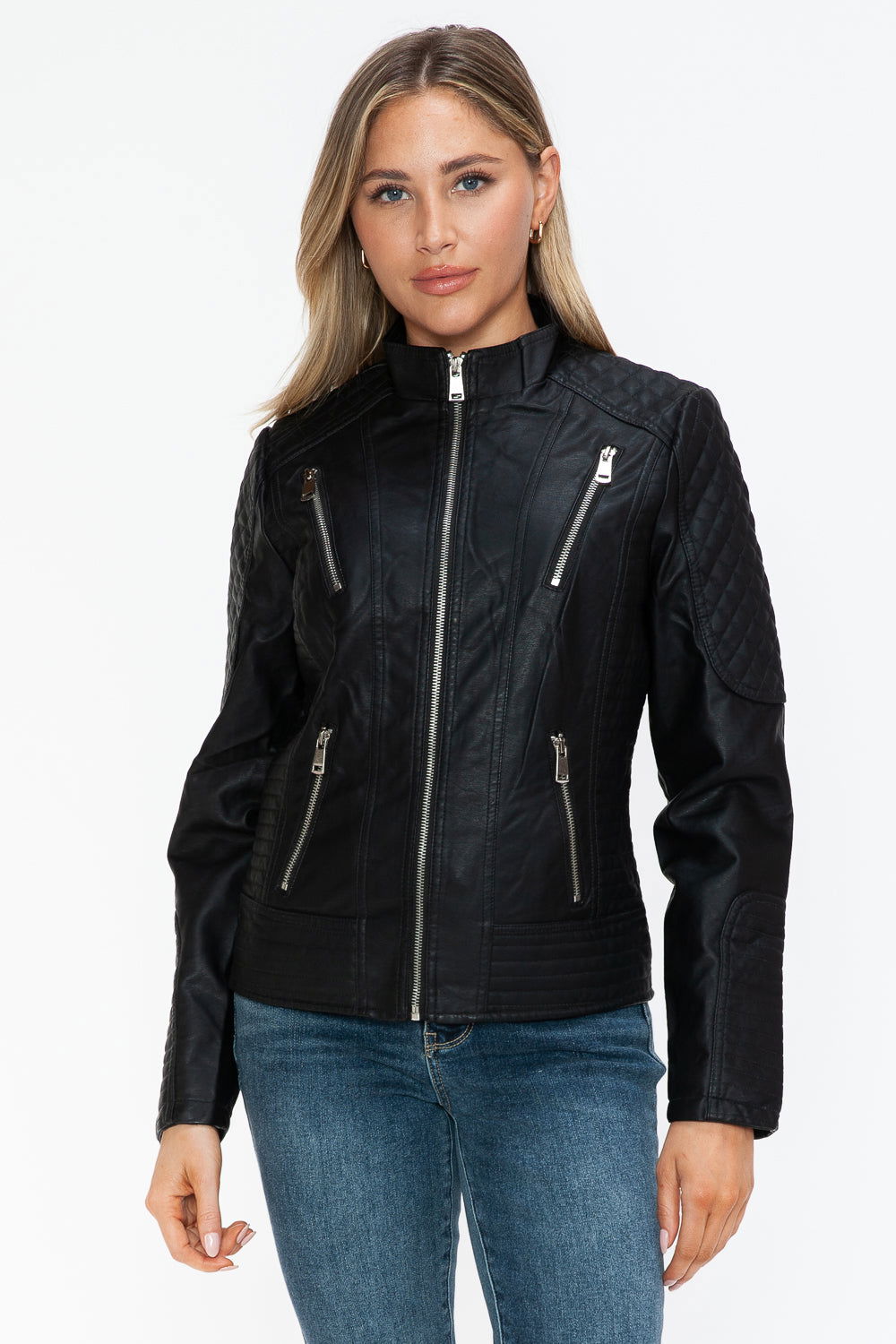 Snobbish Faux Leather Zip Up Mock Neck Jacket In Black us.meeeshop - 