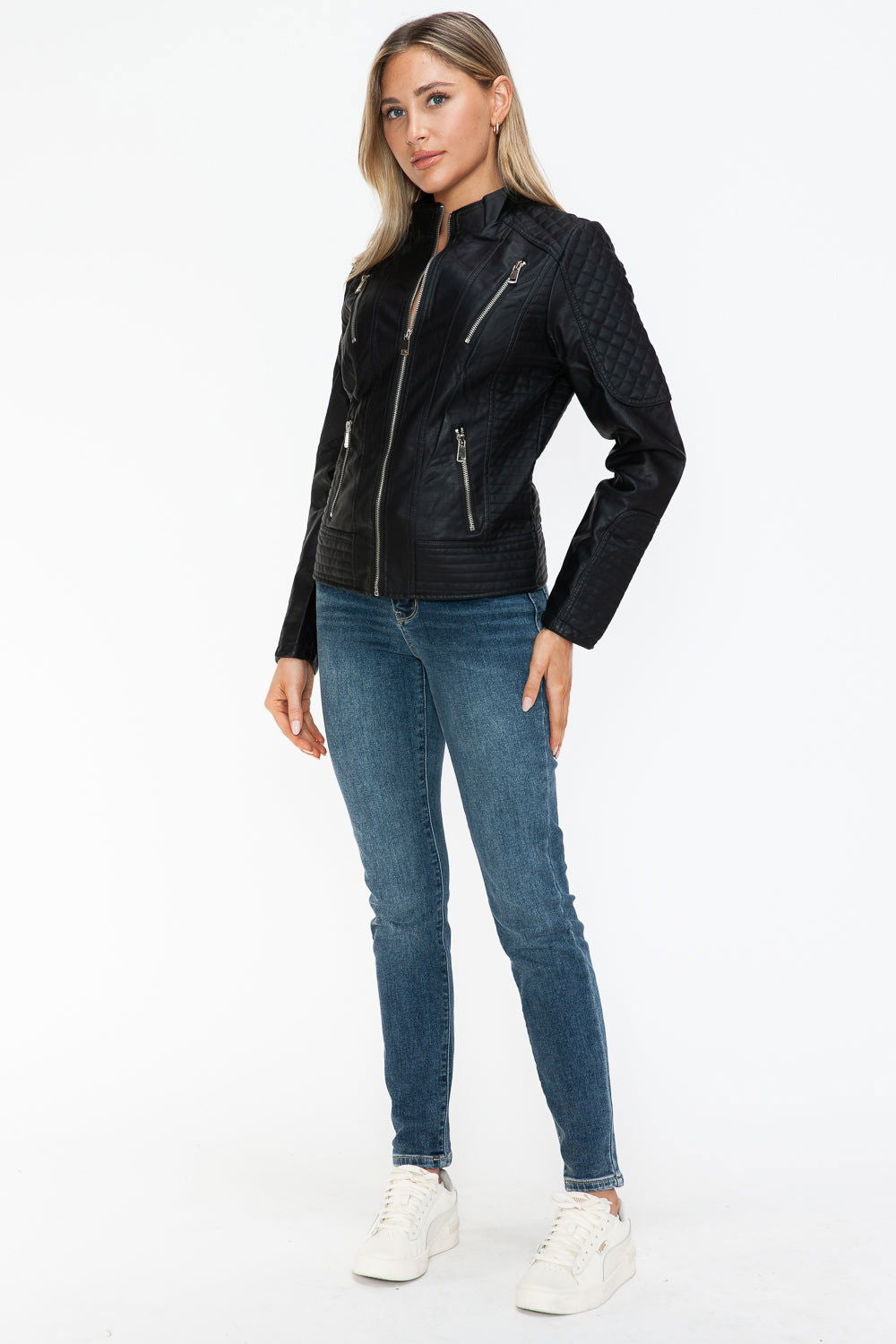 Snobbish Faux Leather Zip Up Mock Neck Jacket In Black us.meeeshop - 