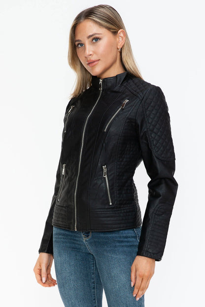 Snobbish Faux Leather Zip Up Mock Neck Jacket In Black us.meeeshop - 