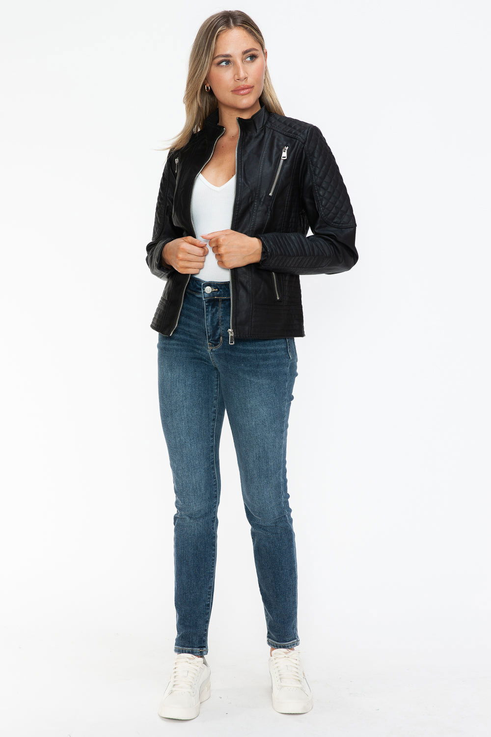 Snobbish Faux Leather Zip Up Mock Neck Jacket In Black us.meeeshop - 