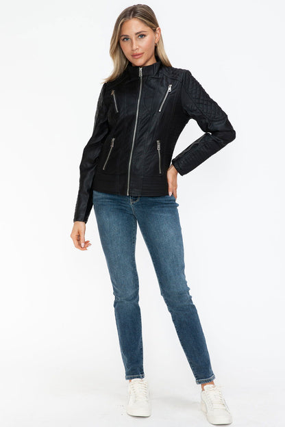 Snobbish Faux Leather Zip Up Mock Neck Jacket In Black us.meeeshop - 