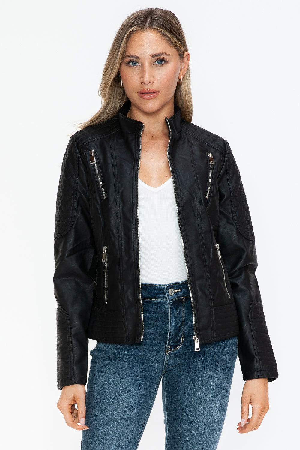 Snobbish Faux Leather Zip Up Mock Neck Jacket In Black us.meeeshop - Coats & Jackets