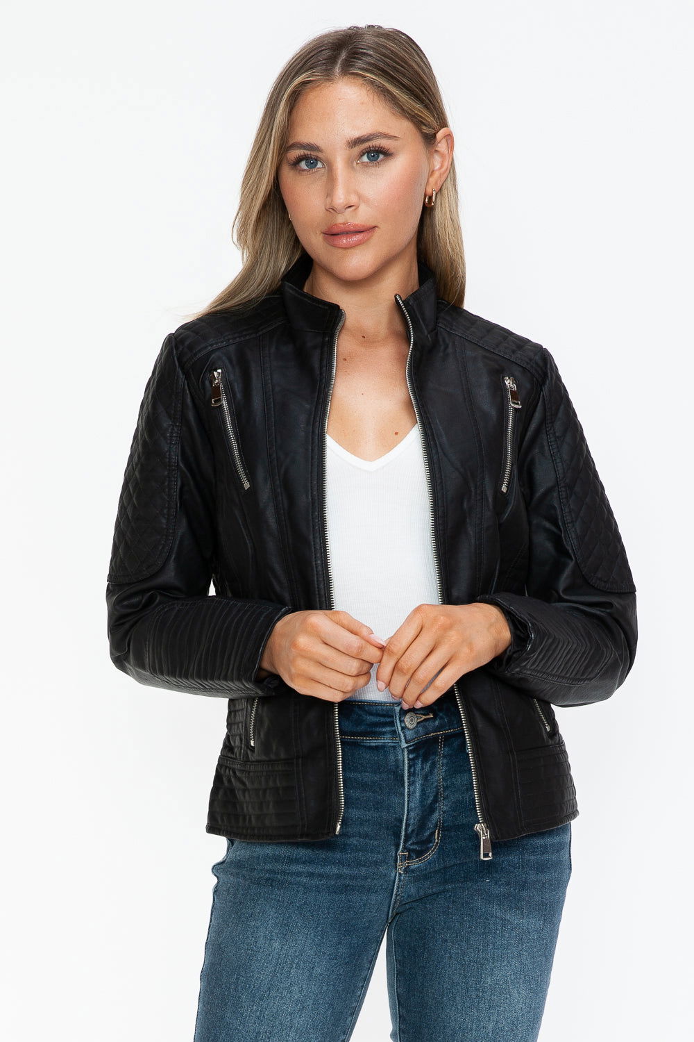 Snobbish Faux Leather Zip Up Mock Neck Jacket In Black us.meeeshop - 