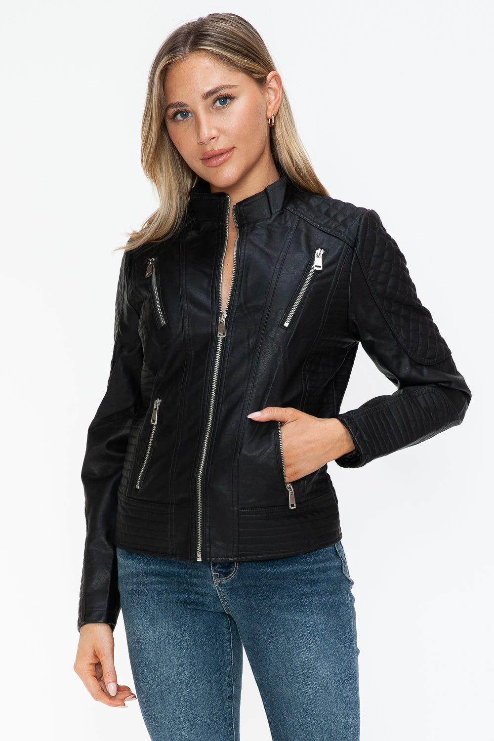 Snobbish Faux Leather Zip Up Mock Neck Jacket In Black us.meeeshop - 