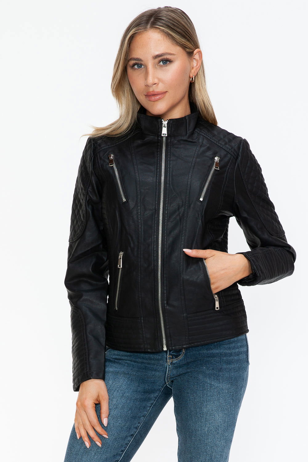 Snobbish Faux Leather Zip Up Mock Neck Jacket In Black us.meeeshop - 