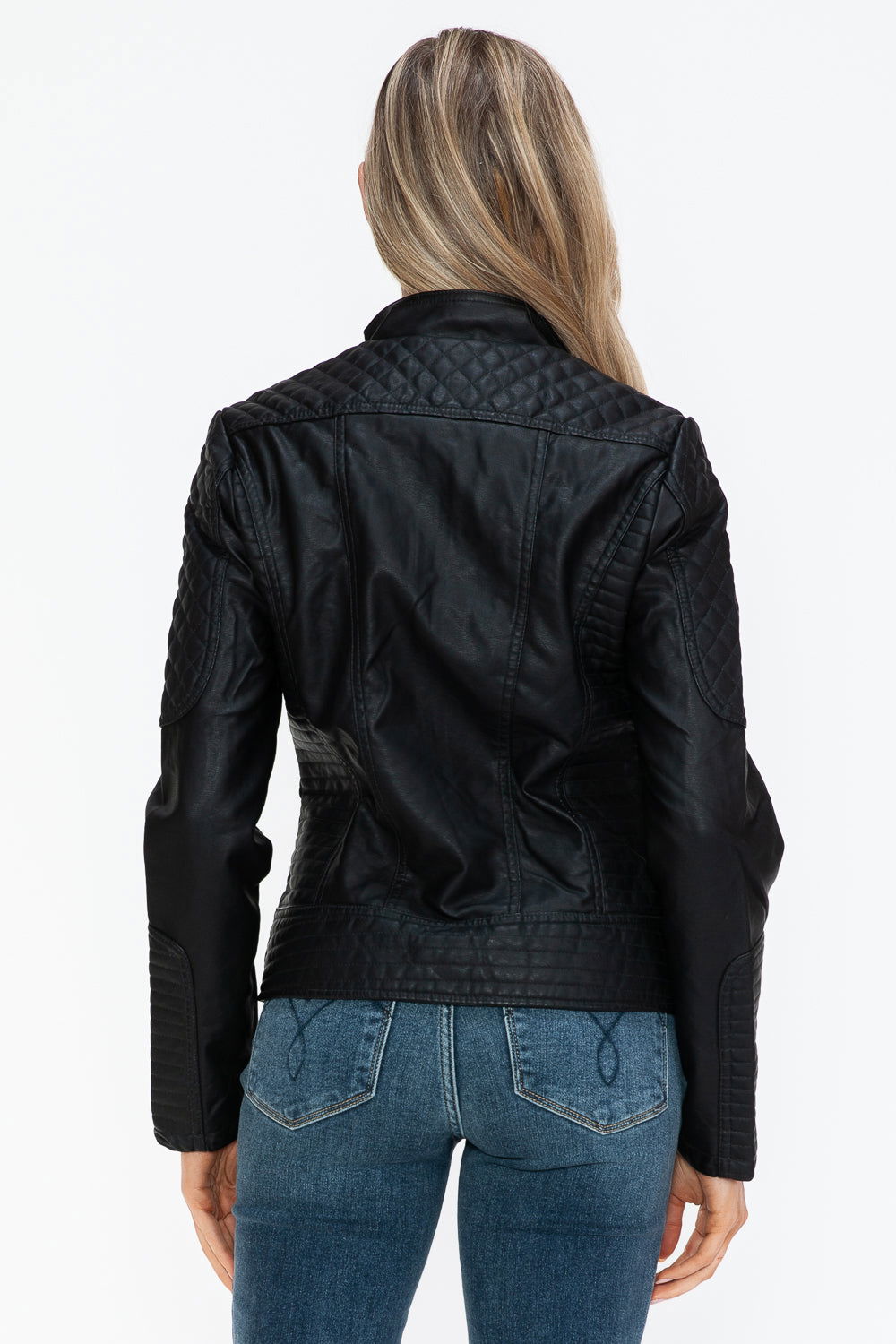 Snobbish Faux Leather Zip Up Mock Neck Jacket In Black us.meeeshop - 