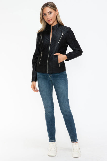 Snobbish Faux Leather Zip Up Mock Neck Jacket In Black us.meeeshop - 